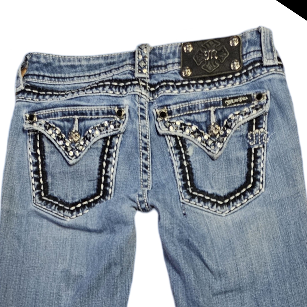 Miss Me Blue Straight Leg Jeans with Rhinestone Embellishments - Picture 2 of 8